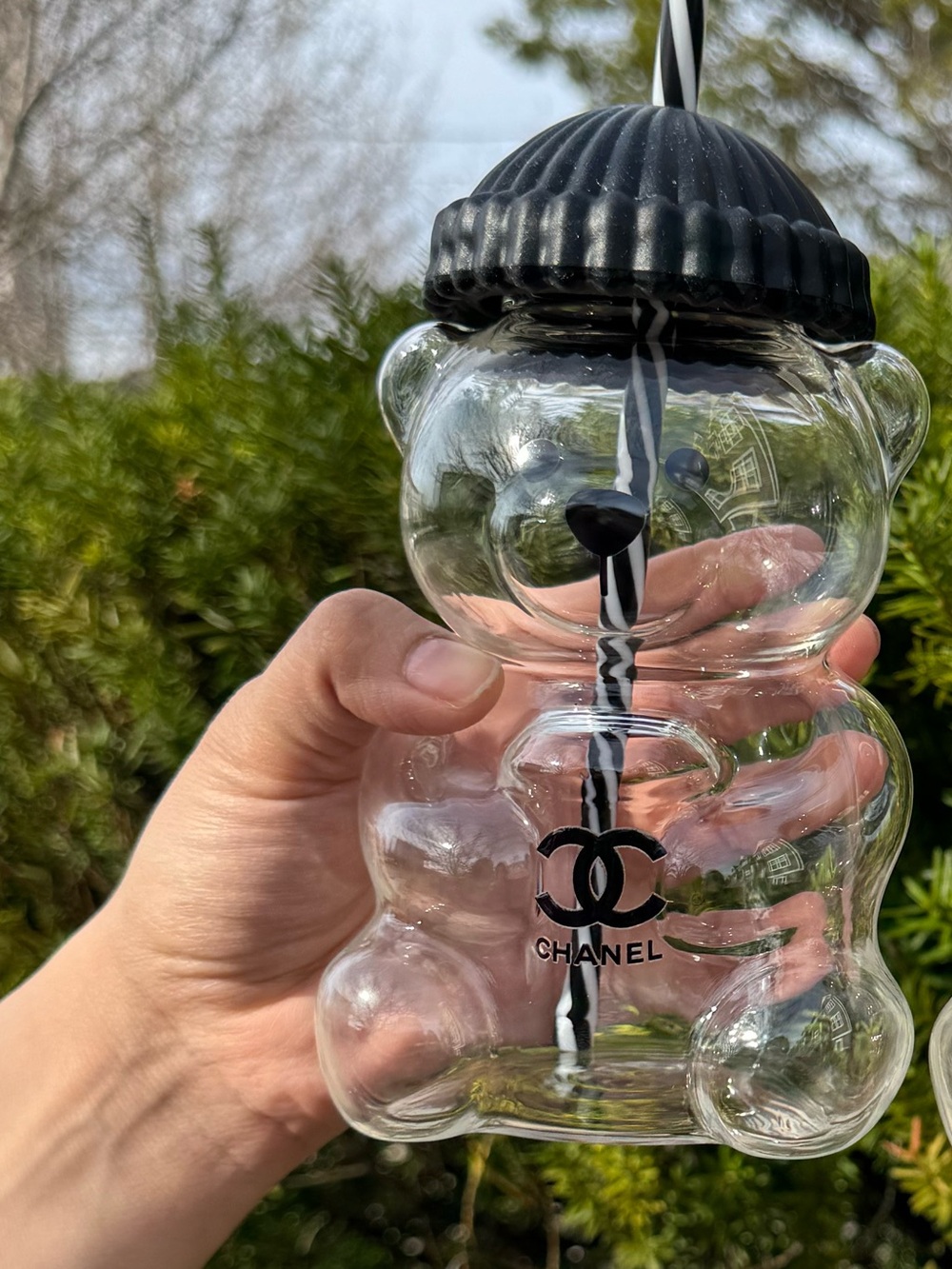 CHANEL Clear Bear Tumbler with Black Lid and Striped Straw